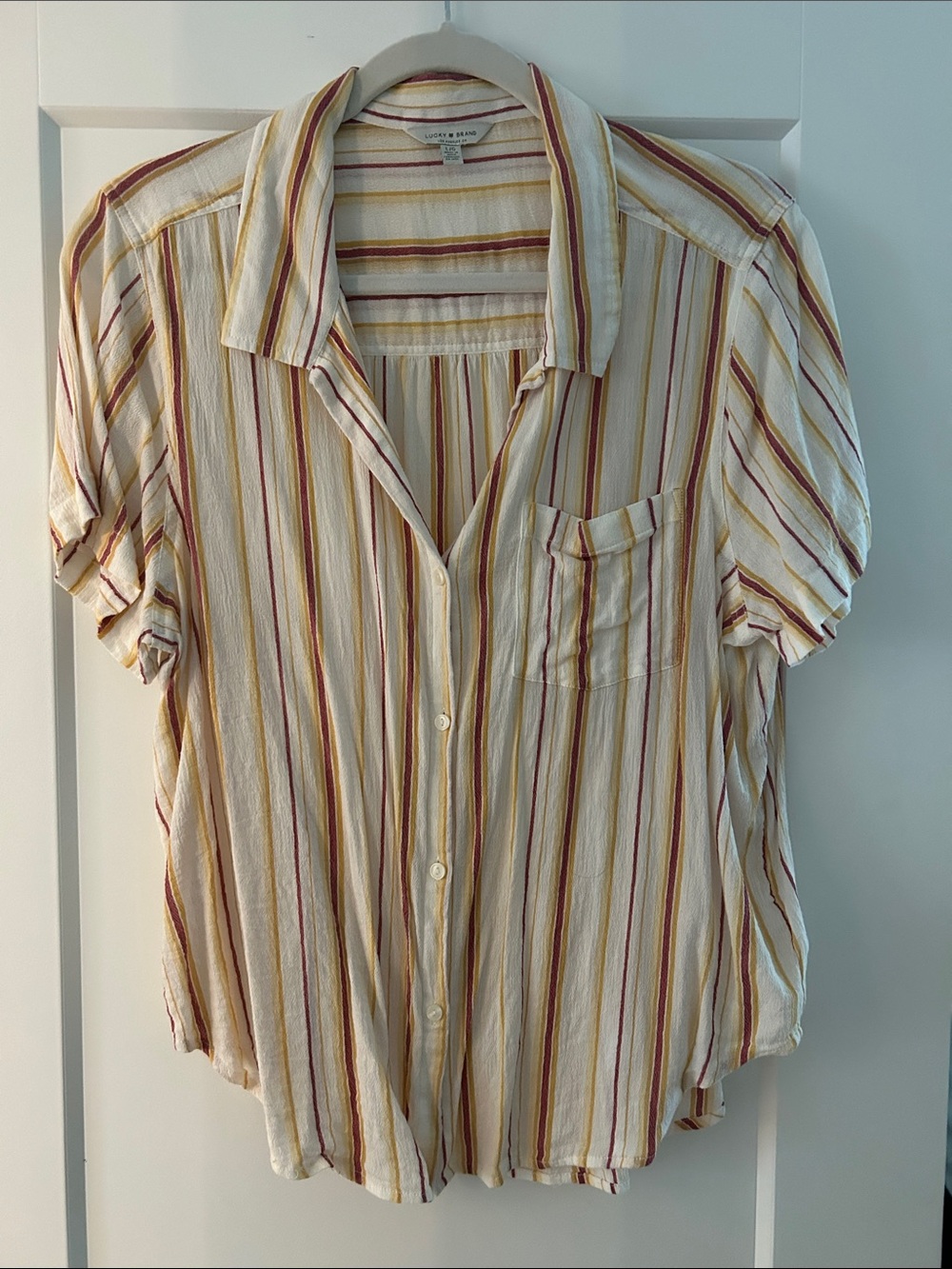 Lucky Brand Cream Button-Down Shirt with Red and Yellow Stripes